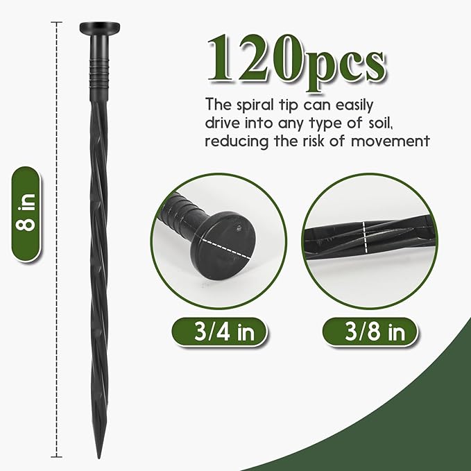 Landscape Edging Stakes, 120 Pcs 8" Plastic Garden Spikes, Spiral Nylon Anchoring Spikes for Paver Edging, Weed Barriers, Artificial Turf, Tent, Grass Pathway and More, Black