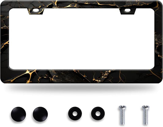 Marble License Plate Frame Black Gold Marble Printed License Plate Stainless Steel Funny License Plate Holder Men Women Colorful Car Accessory Decoration 12.3" x 6.3"