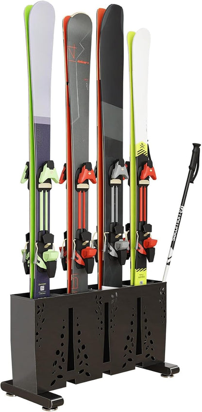 Heavy Duty Metal Ski Storage Rack, 4 Pair Freestanding Steel Ski Holder, Floor Stand Ski Organizer Rack, Snowboard Floor Stand Organizer for Garage and Home