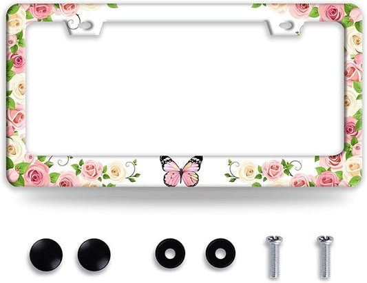 Pink Butterfly License Plate Frame Rose Flowers Floral License Plate Holder Colorful Auto Accessories for Women 6x12 Inch