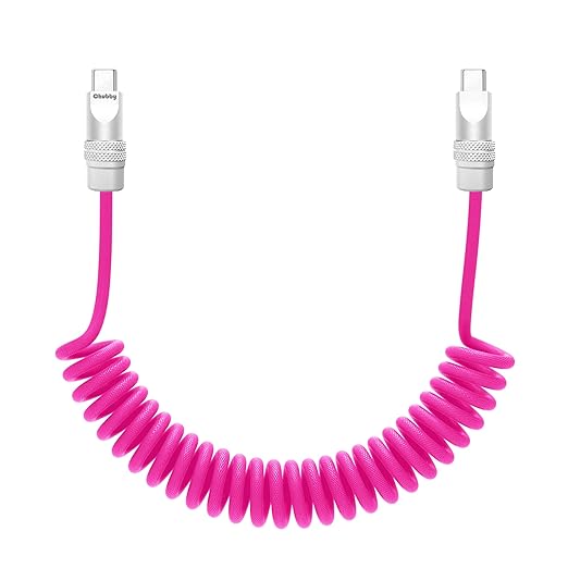 chubbycable Curly Chubby - Retractable Fast Charging Cable 240W Coiled Charger Cord for Car Durable USB-C Cable for Phones, Tablets and More, Pink, Type-C to Type-C, 1.3FT-2.3FT