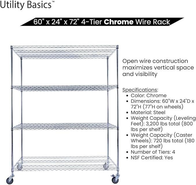 60"x24"x72" PREMIUM METAL STEEL 4-Tier Wire Shelving NSF 3200 LBS MAX Capacity Heavy Duty Storage Rack for Hospitals, Schools, Commercial Spaces, and Garages w/PREMIUM Wheels