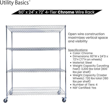 60"x24"x72" PREMIUM METAL STEEL 4-Tier Wire Shelving NSF 3200 LBS MAX Capacity Heavy Duty Storage Rack for Hospitals, Schools, Commercial Spaces, and Garages w/PREMIUM Wheels