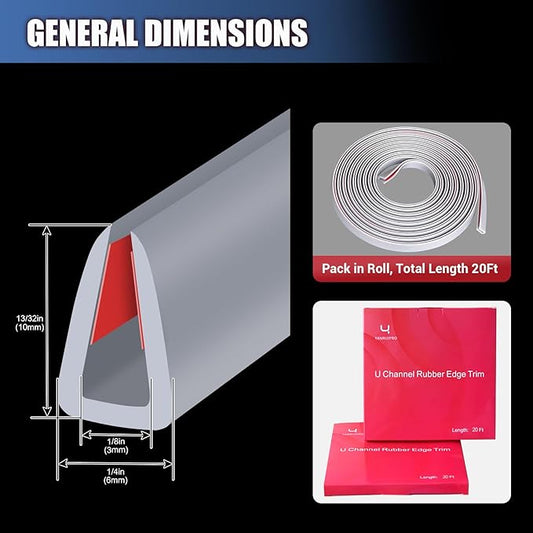 Rubber Edge Trim, Flexible Edge Trim for Sharp Edge, 1/8" U Channel Edge Protector, Self Adhesive Edge Guards for Plywood and Sheet Metal Parts, 20Ft, Grey Color