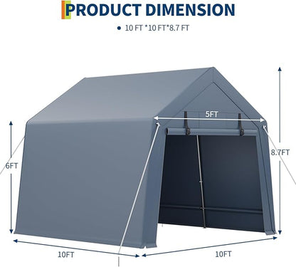 10x10FT Outdoor Storage Shed, Portable Carport with Roll-up Ventilated Zipper Door and Windows, Heavy Duty Waterproof Tarp, Storage Sheds for Motorcycle, Bike, Firewood, Garden Tools