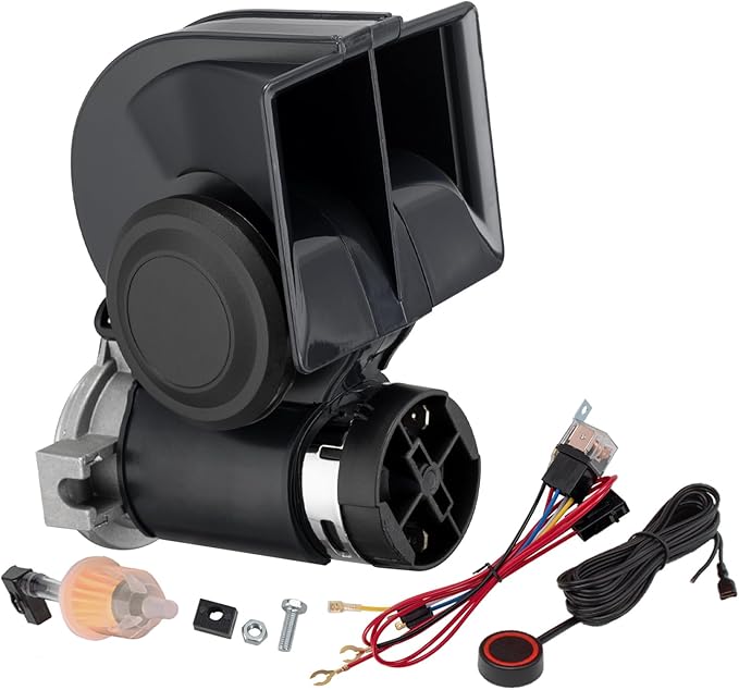 Air Horn for Truck,Super High Pitched Train Horn for Car, Waterproof Snail Horn for Motorcycles, Cars, trucks, trains and ships(black horn with wire and button, 12v)