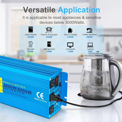 LVYUAN 3000 Watt Pure Sine Wave Inverter 12V to 110V 120V DC to AC with 3 AC Sockets, LED Display, Wireless Remote Control, Car Power Inverter for Vehicles Home RV Camping Truck Solar System