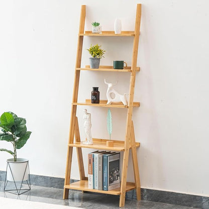 Maydear Bamboo Ladder Shelf Bookcase, 5-Tier Leaning Bookshelf Free Standing Organizer Storage Shelves for Living Room, Bedroom, Kitchen, Home Office, Balcony, Natural Wood