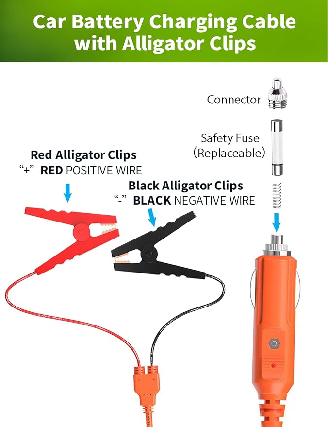 12V Car Battery Charger Cable, 6.6FT 14AWG Cigarette Lighter Plug to Alligator Battery Clips Connector, Automobile Lead-Acid Battery Charging Cable 15A Fuse for Jackery Solar Generators Power Station