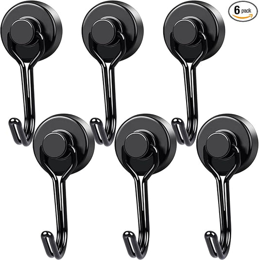 MIKEDE Magnetic Hooks, 40Lbs Heavy Duty Neodymium Magnet Hooks Black Magnets with Swivel Hooks for Hanging, Rust Proof Strong Magnets Hook, Magnetic Metal Hanger for Fridge, Storage, 6 Pack