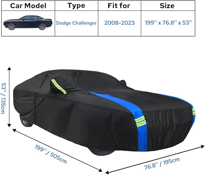 Avecrew Dodge Challenger Car Cover Waterproof All Weather for Automobiles, Outdoor Full Exterior Covers Fit 2008-2023 Dodge Challenger with Windproof Strap and Driver Door Zipper