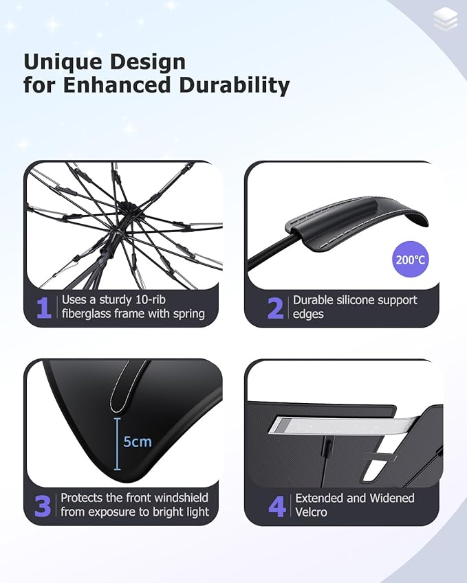 2025 Upgrade Car Windshield Sun Shade Windshield Sunshade Umbrella [Star Fabric] Protect Car from Sun Rays&Heat Damage Keeps Vehicle Cool, Spring Structure Edge Fits Sedans,SUVs,Trucks,Hatchbacks (L1)