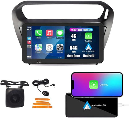 Kunfine Car CarPlay Android Auto Navigation Stereo GPS Radio Camera Display 10.33" QLED Touchscreen Headunit Tablet Media Player for Peugeot 301 2013-2022, if Applicable Octa Core 4G+64G Matte Black
