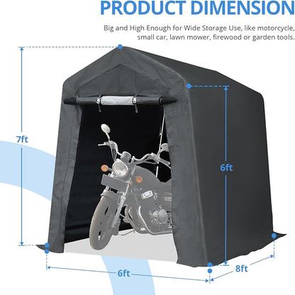 ADVANCE OUTDOOR 6X8 ft Outdoor Portable Storage Shelter Shed with 2 Rolled up Zipper Doors & Vents Carport for Motorcycle Waterproof and UV Resistant Portable Garage Kit Tent, Gray