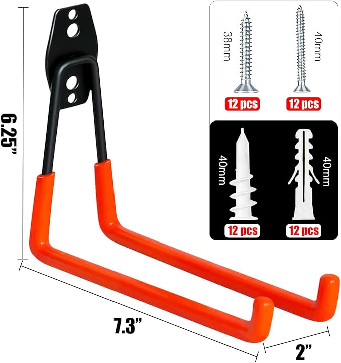 WMK 7.3'' Garage Hooks Heavy Duty Wall Hook, 6 Pack Garage Storage Hook, Wall Mount Utility Garage Hooks for Hanging Tools Bike Ladder (Orange)