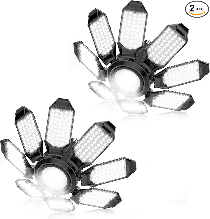 LED Garage Light - 2Pack Bright 50000LM Garage Lights Ceiling Led w/ 8 Deformable Panels 6500K Led Light Bulb Srew in E26/E27 Socket with Adjustable Center Spotlight for Barn Workshop Attic
