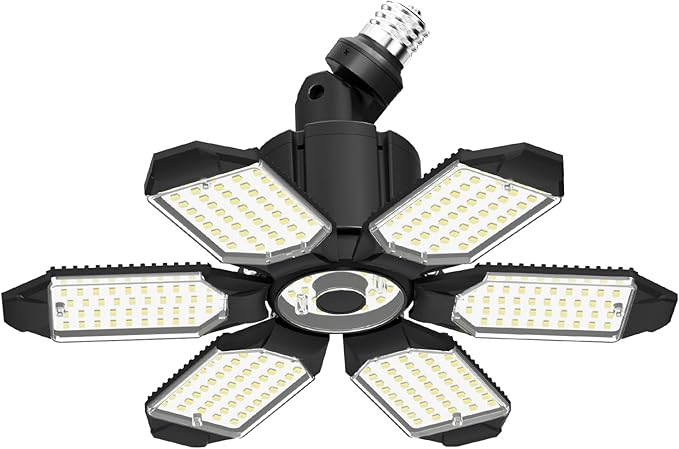 LED Garage Light Super Bright 15000LM LED Shop Lights 6500K Garage Lighting, 360° & 180°Adjustable Basement Lights with 6 Deformable Panels Screw in E26/E27 Socket for Workshop Storage Barn Attic