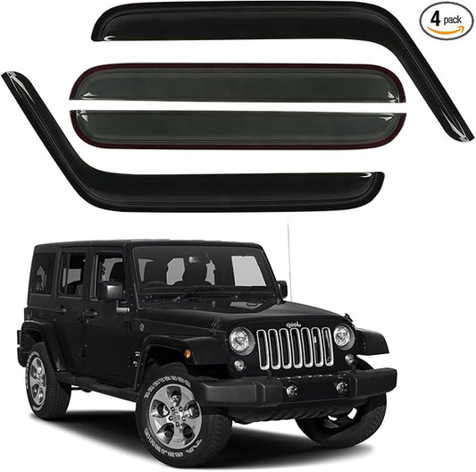 Rain Guard Fit for 2007-2017 Jeep Wrangler Unlimited 4-Door & 2018 Jeep Wrangler JK Unlimited 4-Door, Outside Mount Side Window Visor Deflector, Dark Smoke Vent Shade Shield, 4pcs