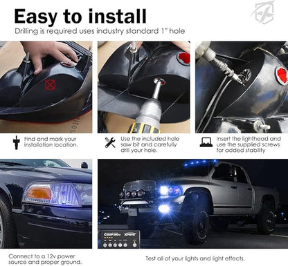 Xprite Blue LED Hideaway Strobe Police Lights Kit, 20 Flashing Patterns w/Control Panel for Headlights Taillights Hazard Warning Mounting, for Emergency Vehicles Volunteer Cars Trucks SUV 4PCS