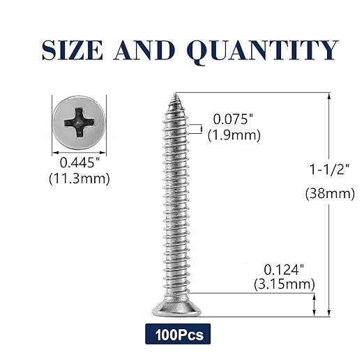 #14 x 1-1/2" Wood Screw 100Pcs 18-8 (304) Stainless Steel Screws Flat Head Phillips Fast Self Tapping Drywall Screws by SG TZH