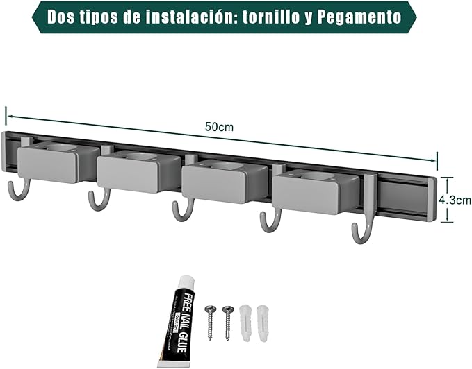 Broom Holder Wall Mount Movable Hooks and Clips Mop and Broom Hanger Wall Mounted Aluminum Garage Tool Organizer Storage adhesive (40cm, Grey)