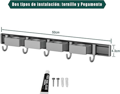 Broom Holder Wall Mount Movable Hooks and Clips Mop and Broom Hanger Wall Mounted Aluminum Garage Tool Organizer Storage adhesive (40cm, Grey)