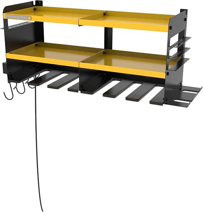 Permasteel Power Tool Organizer Wall Mount - 150 Lbs Load 3-Layer Heavy Duty Metal Storage Rack with Charging Station, Holds 6 Drills, 9 Hand Tools and 16 drill bits for Garage and Workshop, Yellow