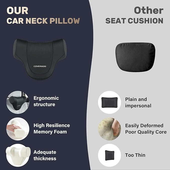 Coverado Car Headrest Pillow, Ergonomic Memory Foam Car Neck Pillow for Driving Seat with Adjustable Strap, Soft PU Leather Breathable Removable Cover Neck Support for Neck Pain Relief