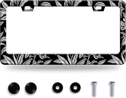 Black White Tropical Leaf License Plate Frame License Plate Stainless Steel Auto Parts License Plate Decorative with Screws Size 12.3" x 6.3" for Men Women