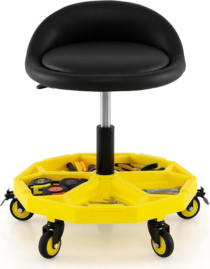 Mechanic Stool, 350 LBS Capacity Rolling Shop Stool with Lockable Wheels, 2 Magnetic Tool Trays & Padded Seat, 20"-25" Height Adjustable Workshop Chair Creeper Seat for Garage, Auto Repair