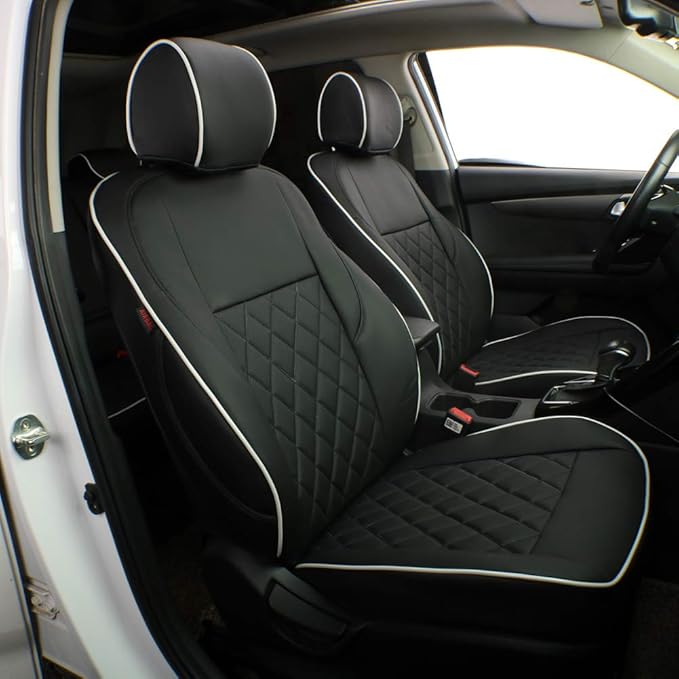 EKR Sportage Seat Covers Custom Fit for KIA Sportage LX 2023 2024 2025 2026 Leather Car Seat Cover Full Set - Faux Leather (Black with White Piping)