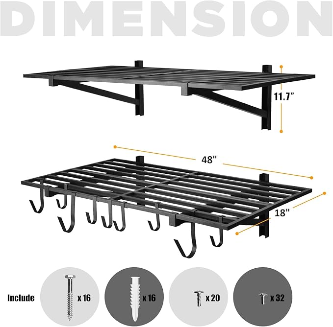 4 Pack 1,5x4ft Heavy Duty Garage Wall Shelving, Garage Shelving Wall Mounted, Storage Rack with Hooks (Black)