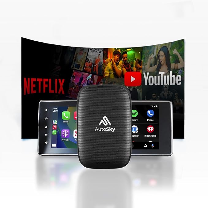 AutoSky Wireless CarPlay and Android Auto AI Box Lite for Factory Wired CarPlay Cars - Supports Netflix and YouTube Must use Hotspot - Go Wireless CarPlay and Android Auto. Wired CarPlay Required