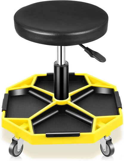 Auto Dynasty Mechanic Stool, Adjustable Rolling Pneumatic Creeper Garage Shop Seat with Tool Tray, 300 LBS Roller Seat for Workshop Auto Repair, Adjustable Height 15.7" to 21", Yellow