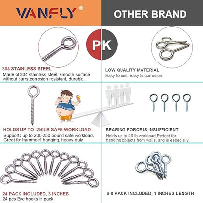 24 Pack, 3-1/5 Inch 304 Stainless Steel Eye Shape Screws Metal Hook, Heavy Duty Hanging Hooks Eyelet Screws Bolt for Yoga & Brazilian Hammocks, Swing Chair, M6 Screw (Style B)