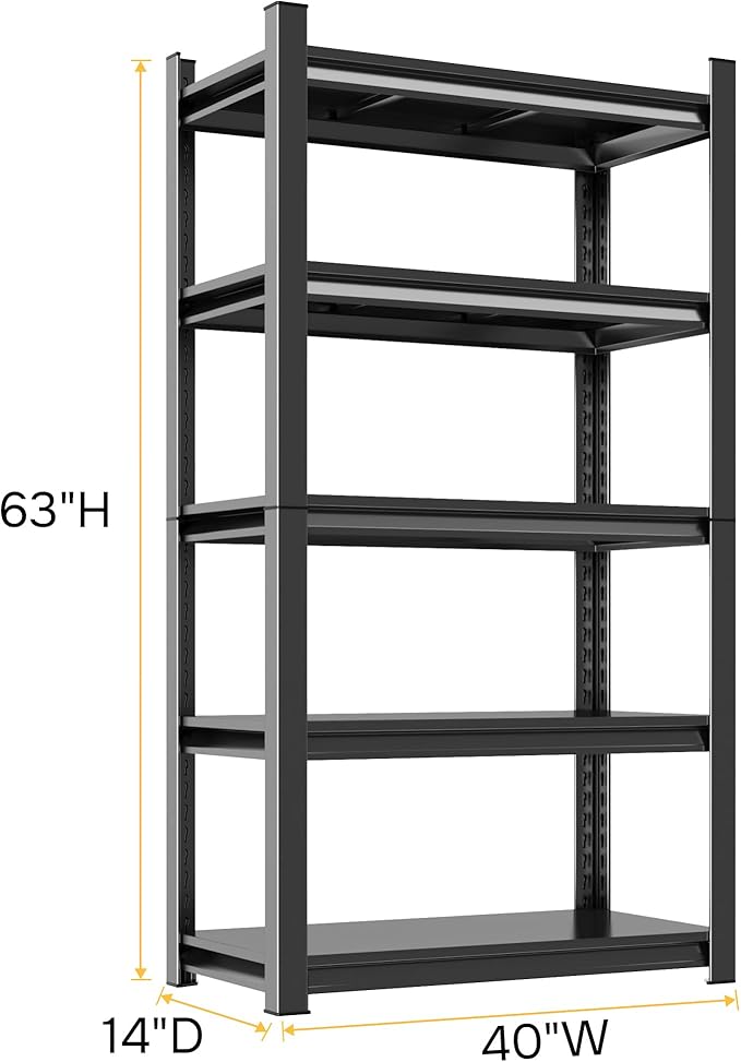 63''H Garage Shelving Heavy Duty Garage Storage Shelves, 3000LBS Capacity Adjustable 5 Tier Metal Industrial Shelf Unit for Kitchen, Utility Room, Warehouse and Basement, Black (14''Dx40''Wx63''H)