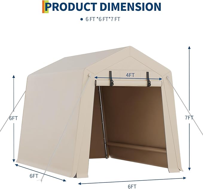 6x6 Ft Carport Heavy Duty Tent with Roll-Up Windows, Portable Garage with Removable Sidewalls & Doors, Car Canopy All-Season Tarp for Car Boat Truck Motorcycle, Khaki