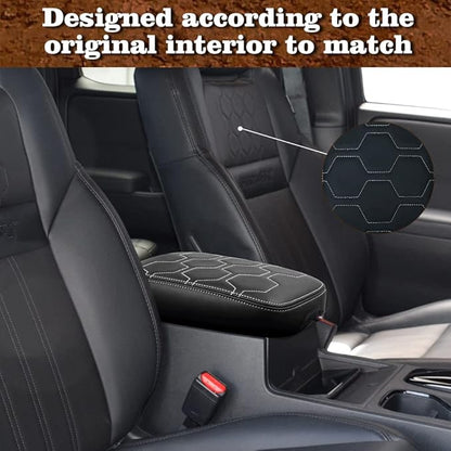 Muslogy for Frontier Center Console Pad Armrest Box Cover Vegan Leather Soft Accessories Armrest Lid Protector Compatible with Nissan Frontier 2022-2024 2025 (Regular Thick, V1 White Stitching)