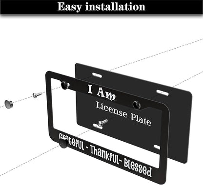 License Plate Frames Black and White Front License Plate Bracket I Am Grateful Thankful Blessed Aluminum Metal Car Accessory 2 Pack with Screw Covers Set