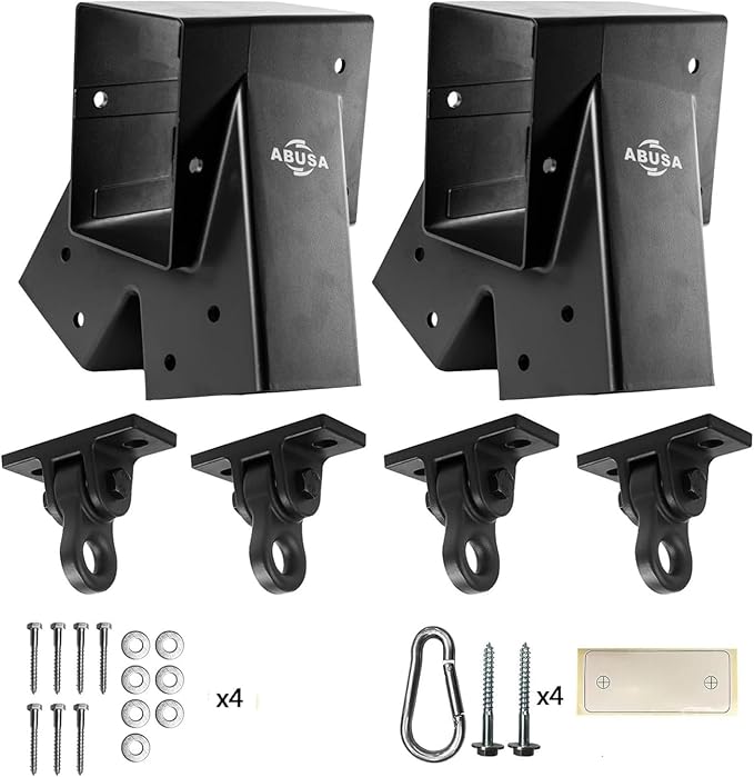 Heavy Duty Swing Sets Brackets Including 2 Black A-Frame Swing Set Brackets and 4 Swing Hangers for Playground Equipment Mounting Parts Hardware Included (Black New Edition)