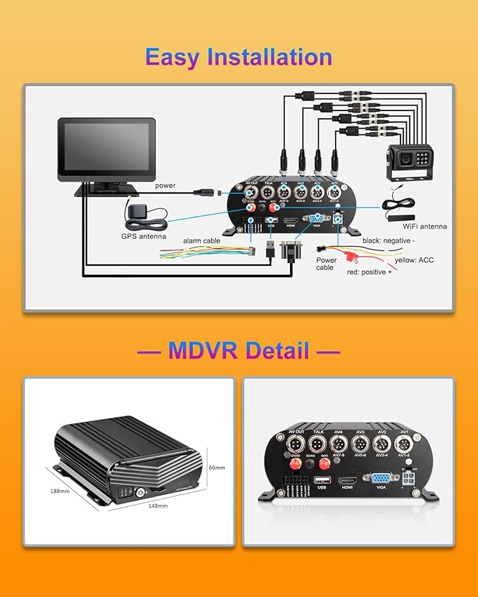 8CH Mobile DVR Monitor Camera System with WiFi Live GPS Tracking HDD MDVR Video Recorder 7" Touch Screen Monitor and 4 1080P Rear Side View Camera Waterproof Night Vision for RV Truck Trailer Tractor