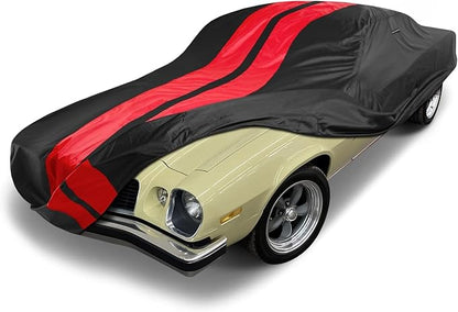 iCarCover Custom Car Cover Compatible with Camaro 1974-1981, Waterproof All Weather Rain Snow UV Sun Protector Full Exterior Indoor Outdoor Car Covers, Stripe (Black/Red)