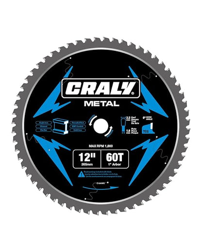 CRALY 12 Inch 60 Teeth Steel and Ferrous Metal Cutting Circular Saw Blade, 1 Inch Arbor, Thin Kerf, Professional Carbide Tipped Blade for Angle Iron, Threaded Rod, EMT Conduit(C1260MC)