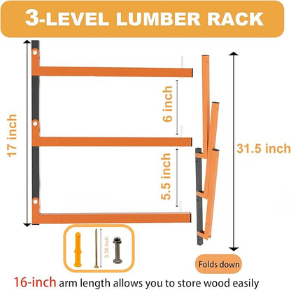 Lumber Rack Wall Mount, Heavy Duty Wood Storage Racks, 3-Level System Garage Shelving, 380 Lbs Capacity Organizer Shelves, Folding Orange Brackets, 2 Pack Hanging Metal Shelf for Indoor and Outdoor