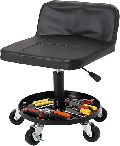 Garage Stool, 16”-21” Adjustable Rolling Mechanic Stool with Universal Wheels, Removable Magnetic Tool Tray, 300LBS Capacity, Roller Creeper Seat, Shop Chair