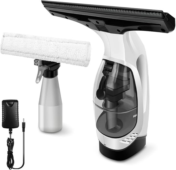 Handheld Window Vacuum Cleaner, Small Rechargeable Window Vacuum Cleaner with Multi-Function Spray Bottle and Microfiber Cloth for Windows, Tiles, Mirrors, countertops and car windshields.