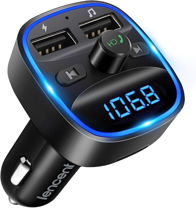 LENCENT FM Transmitter, Bluetooth FM Transmitter Wireless Radio Adapter Car Kit with Dual USB Charging, Audio Receiver Car Charger MP3 Player, Support Hands-Free Calling, TF Card & USB Disk