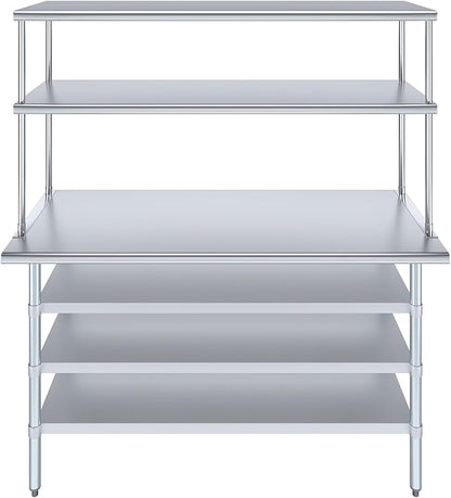 Amgood 24" x 60" Stainless Steel Work Table with 3 Shelves and 18" Wide Double Tier Overshelf | Metal Kitchen Prep Table & Shelving Combo | NSF