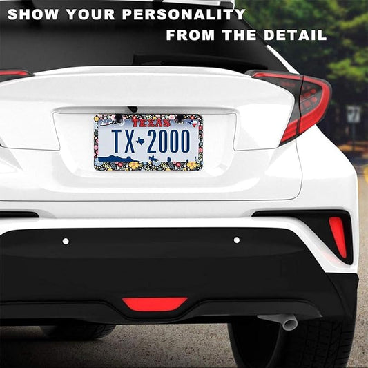 2 Pack Universal Retro Colorful Flowers License Plate Frame - Heavy Duty Rustproof Aluminum Matte Black Car Tag Holder Bracket Fits All Vehicles, Easy Install with Screws Included