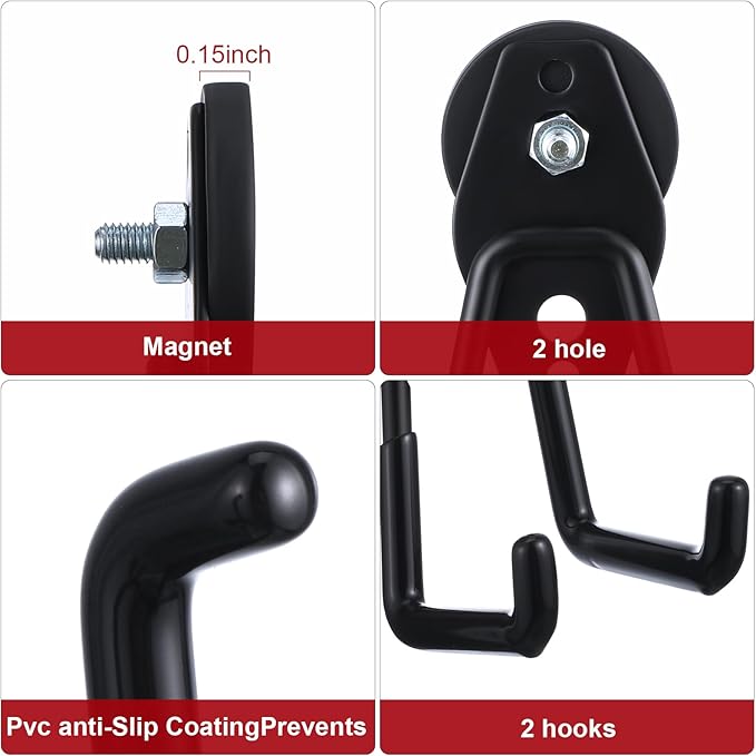 Landhoow Large Magnetic Hooks Heavy Duty Garage Magnet Hooks Strong Storage Utility Magnetic Hangers with Anti Slip Rubber Coating for Indoor and Outdoor Hanging(Black,6 Pcs)